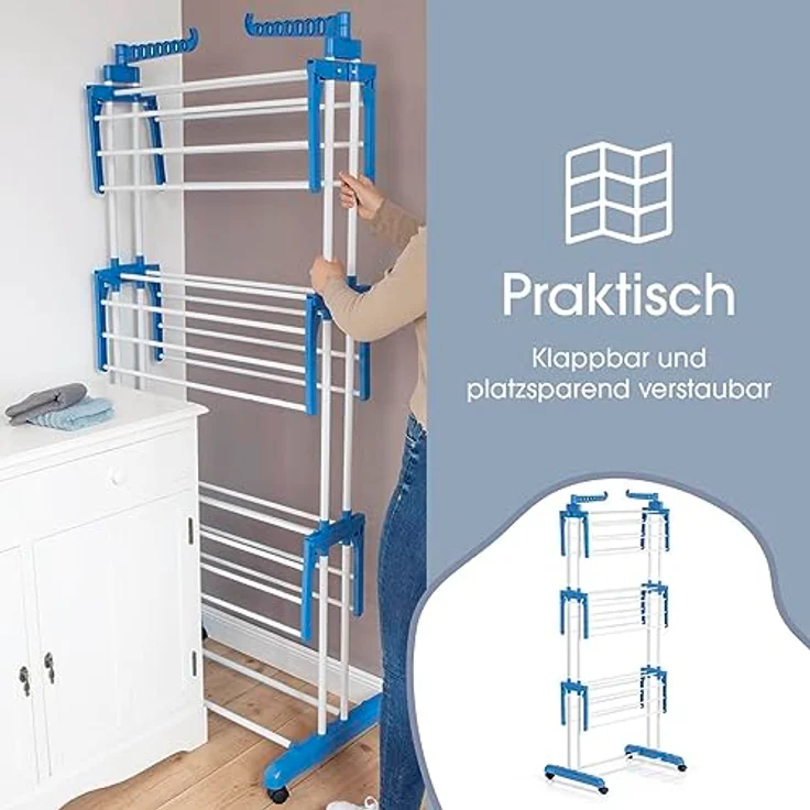 EASYmaxx Klappbarer Wäscheständer | Effizientes Trocknen mit 3 Ebenen & 2 Seitenflügeln | Mobil & Platzsparend für drinnen und draußen, blau – Bild 5