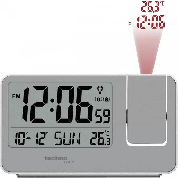 technoline WT 534, Projektionswecker mit Funkuhr, Schlummerfunktion und Datumsanzeige, silber