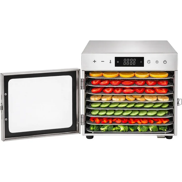 Youyijia Dörrautomat Edelstahl mit 8 Edelstahl-Dörrgittern, 100 % BPA-frei, 8 Automatikprogramme, präziser Temperaturbereich 30–85 °C, leiser Betrieb mit Sichtfenster