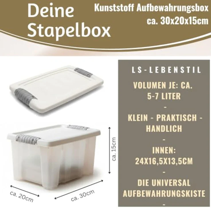 LS-LebenStil Stapelbox 30x20x15cm, transparente Aufbewahrungskiste mit Deckel, stapelbar, 5-7 Liter Volumen – Bild 2