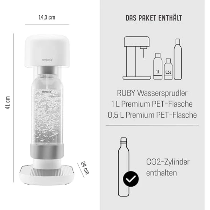 Mysoda Ruby Wassersprudler, inkl. 2 PET-Flaschen, 1 Kohlensäure-Zylinder, Aluminium, weiß – Bild 2