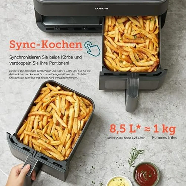 COSORI Dual Basket CAF-R901-AEU Heißluftfritteuse mit Doppelkammer, 8.5L Max Airfryer, 50+ Online Recepte, 8 in 1 Funktionen, Sichtfenster, Energiesparend, Schwarz – Bild 2