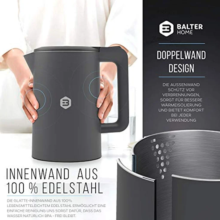 Balter Wasserkocher WK-4, 1,7 L, kabellos, doppelwandig, grau – Bild 3