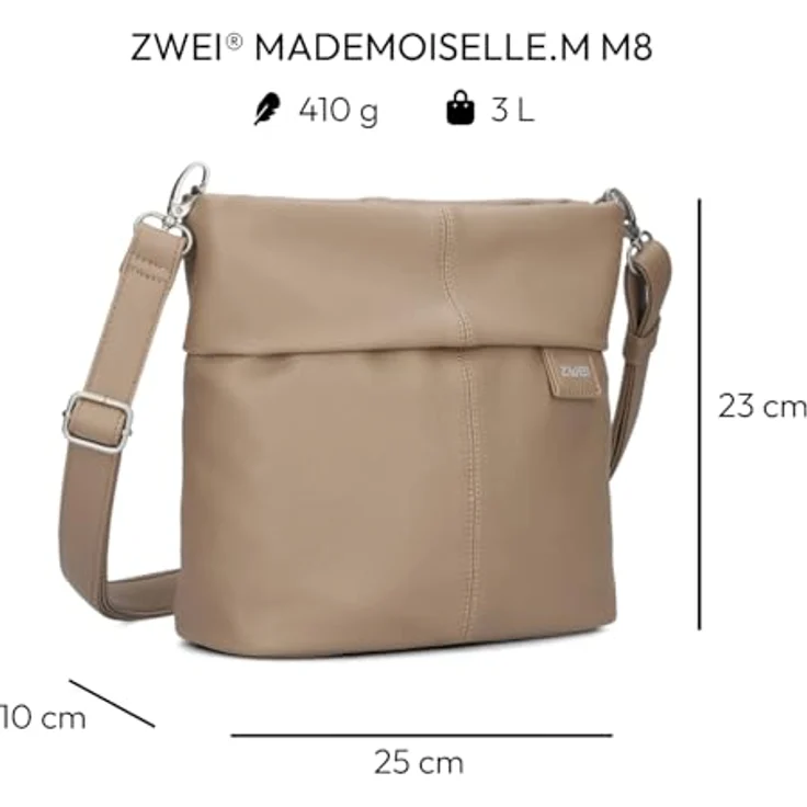 ZWEI Beuteltasche Mademoiselle M8, praktische Umhängetasche aus Kunstleder mit Innenfächern, braun – Bild 2