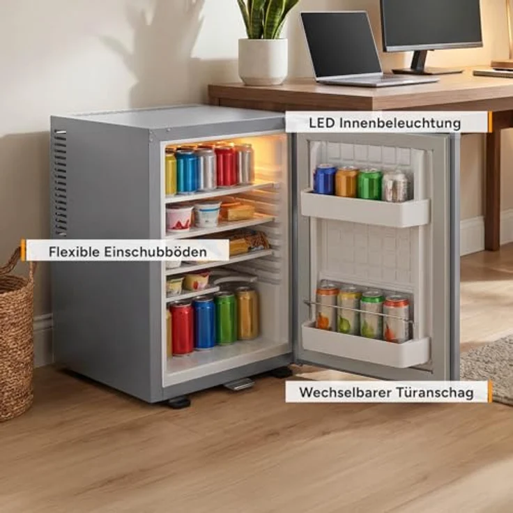 TZS FIRST AUSTRIA FA-5172-GR, Kühlschrank 40L, lautlos, mit LED-Beleuchtung, 56.5 cm hoch, 40 cm breit, wechselbarer Türanschlag, Schloss, grau – Bild 4