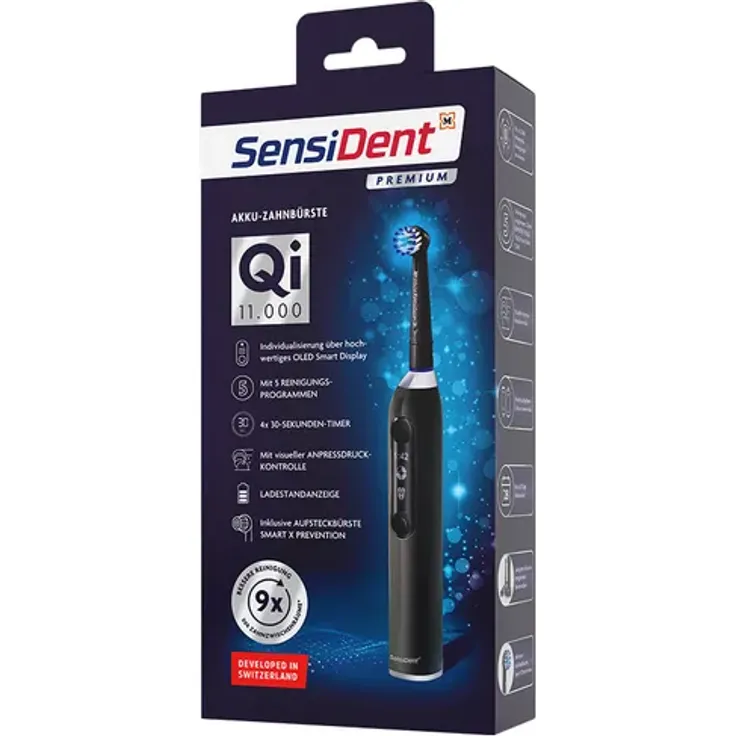 SensiDent Elektrische Zahnbürste Qi 11.000 – OLED-Display, 5 Programme, 11.000 Rotationen, Smart X Bürste, Druckkontrolle
