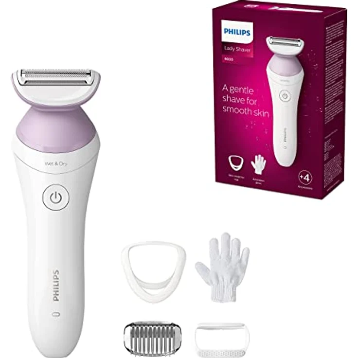 Philips Lady Shaver Series 6000 – Kabelloser Nass- und Trockenrasierer mit 4 Zubehörteilen, Körperpeeling-Handschuh, Kammaufsatz (Modell BRL136/00) – Bild 1