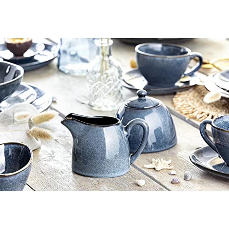 Sänger | Milch und Zucker Set Darwin 3 TLG, Zuckerdose und Milchkännchen Set Steingut, Zuckerdose mit Deckel und Milchkanne, Milchbehälter und Zuckerdosierer Handmade, Zuckerbehälter Blau – Bild 2