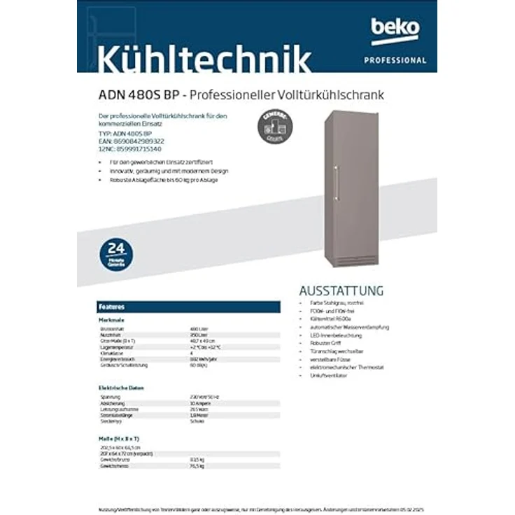 Beko ADN 480S BP Kühlschrank, 350 Liter Nutzinhalt, Stahlgrau, gewerblich geeignet mit LED-Beleuchtung und Umluftventilator – Bild 6