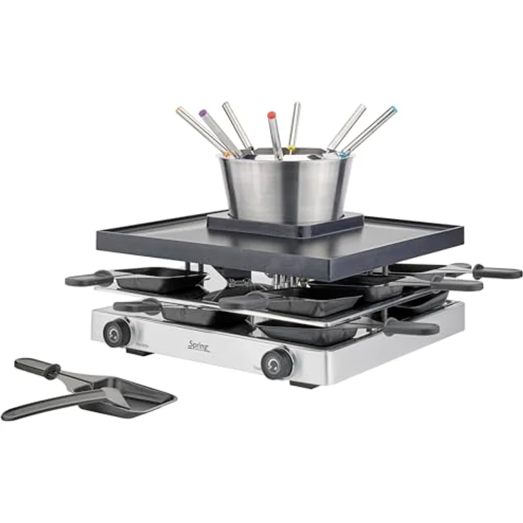 Spring RACLETTEFONDUE CLASSIC | Fondue Raclette Kombi 8 Personen | Antihaftbeschichtete Alu-Grillplatte & Fondue Topf | 8 x Pfännchen, Raclette Schaber, Gabeln | mit Abstellebene | Raclette Grill – Bild 1