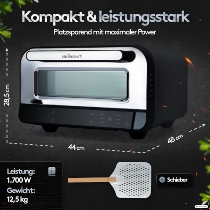 Flammenwerk Pizzaofen elektrisch, 1700 W mit Cordierit-Pizzastein und Pizzaschieber, Schwarz, bis 450 °C, mit Backprogrammen – Bild 5