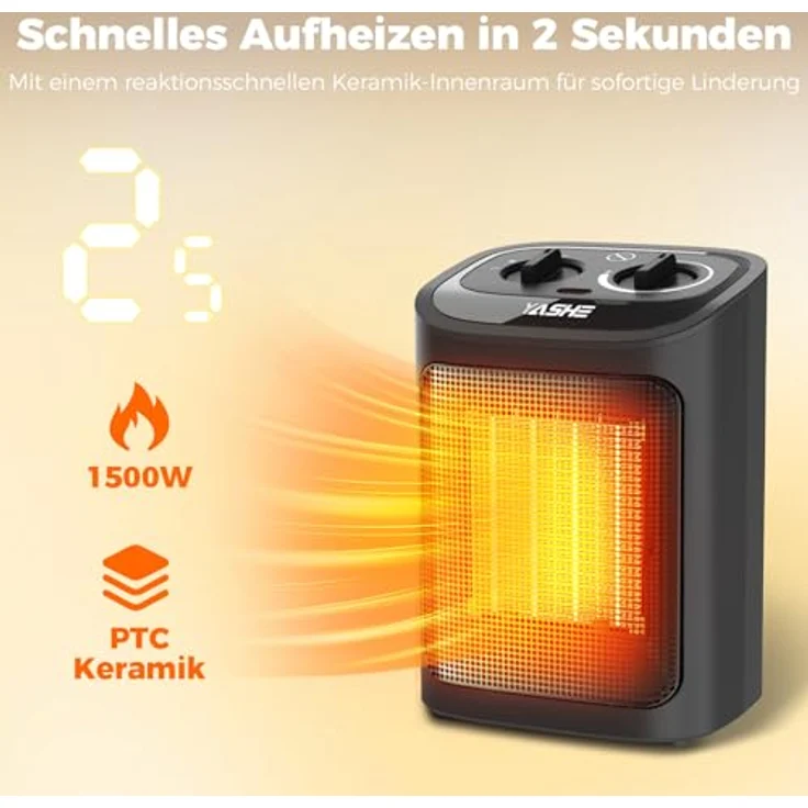 YASHE PTC-919 Elektroheizkörper 1500W, Keramik Heizlüfter mit Thermostat und 2 Heizstufen, Schwarz – Bild 2