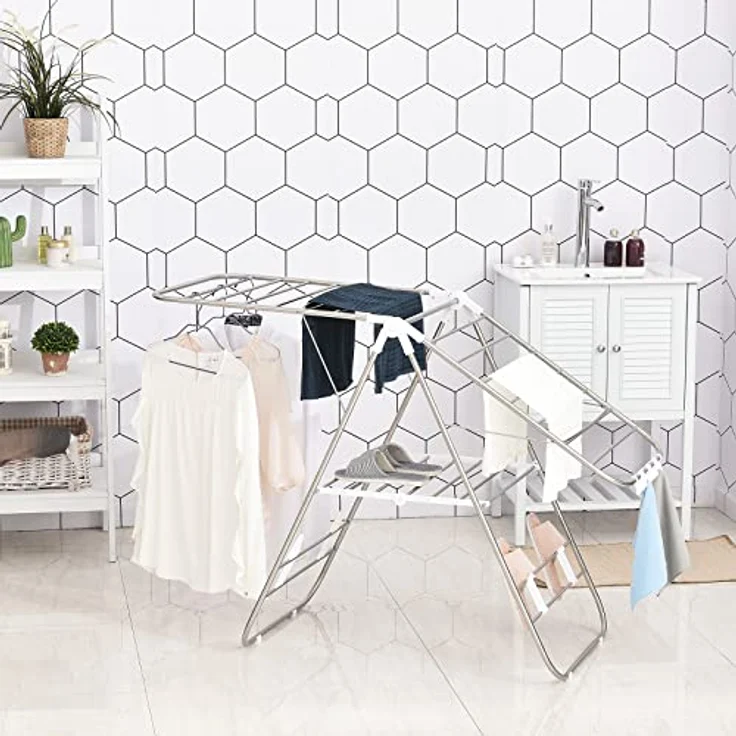 HOMCOM faltbarer Wäscheständer, tragbarer Flügelwäschetrockner, Edelstahl, Kunststoff, Silber, Weiß, – Bild 2