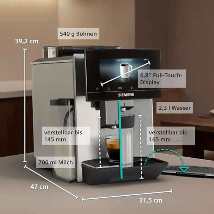 Siemens Kaffeevollautomat EQ900 iAroma, personalisierbare Einstellungen, präzises Mahlwerk, großes 6,8″ Full-Touch-Display, 2 Bohnenbehälter, Silber, TQ927E03 – Bild 2