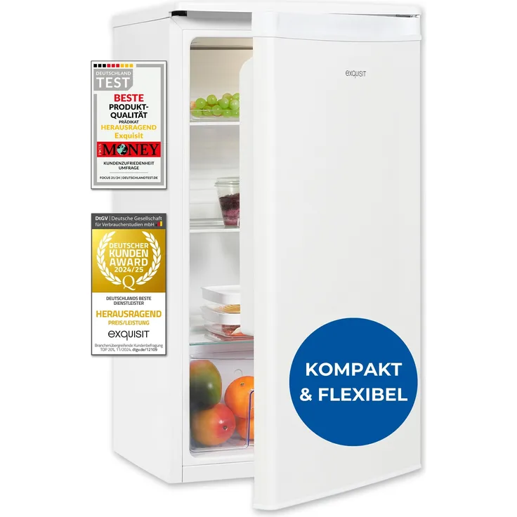 Exquisit Vollraumkühlschrank KS585-V-091E weiss | 75 L Nutzinhalt | LED-Beleuchtung | Glasablagen | Ohne Gefrierfach