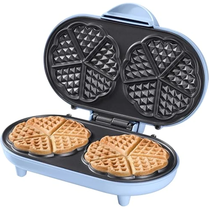 Bestron Doppel-Waffeleisen für klassische Herzwaffeln, Herzwaffeleisen mit Backampel & Antihaftbeschichtung, ideal für Kindergeburtstage, Ostern & Weihnachten, Farbe: Blau – Bild 1