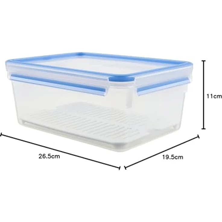 Emsa 512888 Frischhaltedose mit Abtropfgitter, Volumen 3.7 Liter, Maße 26.3 x 19.5 x 11 cm, Transparent-Blau, Clip & Close – Bild 3