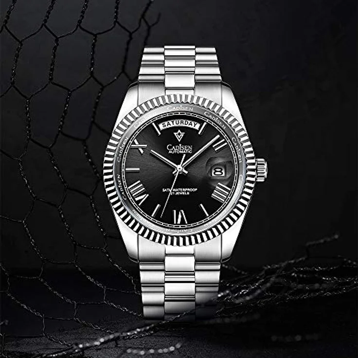 CADISEN Automatik Uhr MIYOTA 8285, Mechanische Automatikuhr mit Saphirglas, Edelstahlarmband, Wasserdicht bis 100m, Schwarz – Bild 3