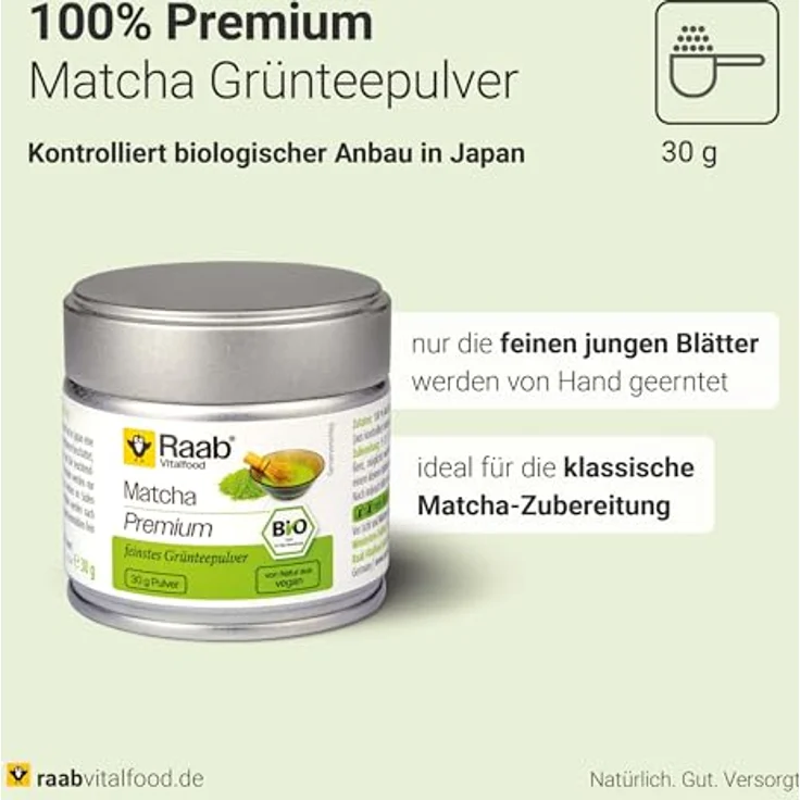 Raab Vitalfood Matcha Grüntee Premium Pulver, feines Matcha Pulver aus Japan für Tee und Matcha Latte, 30 g – Bild 3