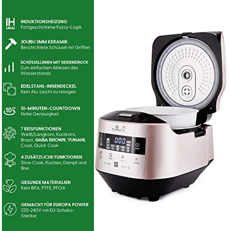 Yum Asia Bamboo Reiskocher mit Induktionsheizung (IH) und Keramikschale, 7 Reiskochfunktionen, 4 Multikocherfunktionen, Motouch LED-Anzeige (1,5 Liter) 220-240V Europa Power (Champagne Rose) – Bild 3