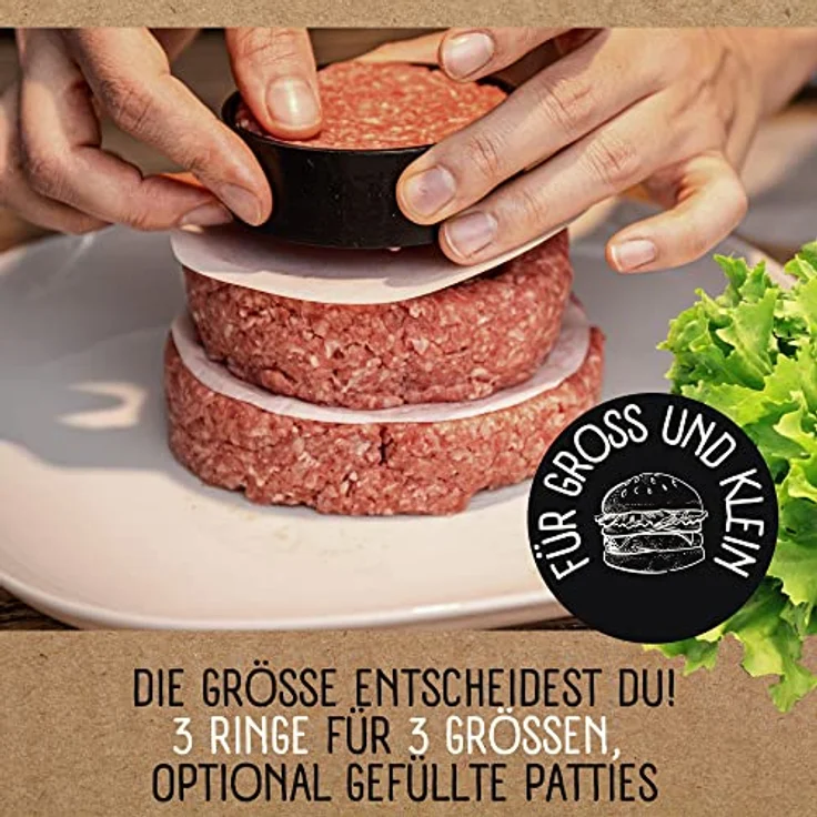 Burgerpresse mit 100 Blatt Burger Papier, 4 Patty Größen inkl. Gefüllte Patties und XXL, Burger Pattie Presse für beste Hamburger, Hamburger Patty Maker mit Rezepten – Bild 3