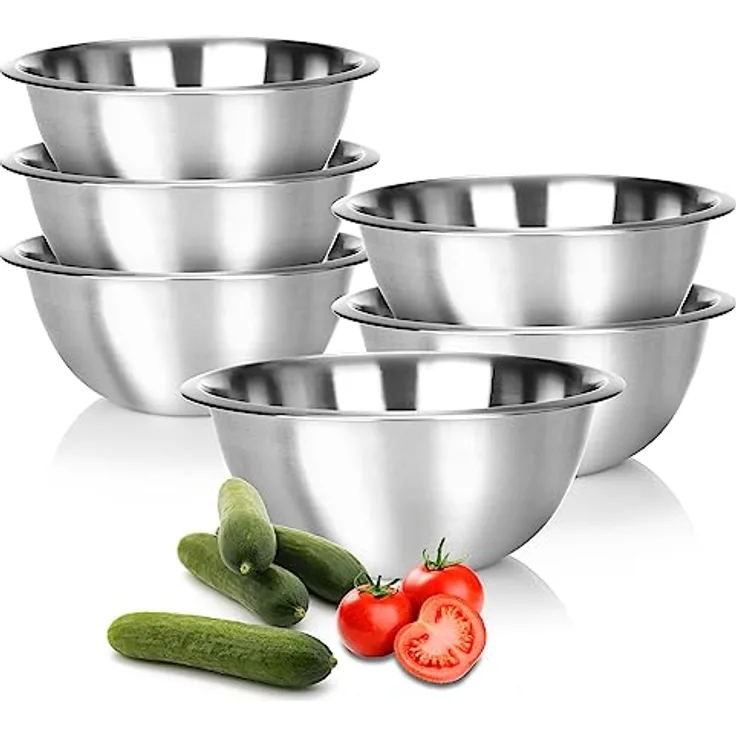 com-four® 6x Rührschüssel aus Edelstahl, multifunktionale silberfarbene Schalen, platzsparend stapelbar, Ø 24cm