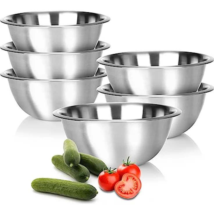 com-four® 6x Rührschüssel aus Edelstahl, multifunktionale silberfarbene Schalen, platzsparend stapelbar, Ø 24cm – Bild 1