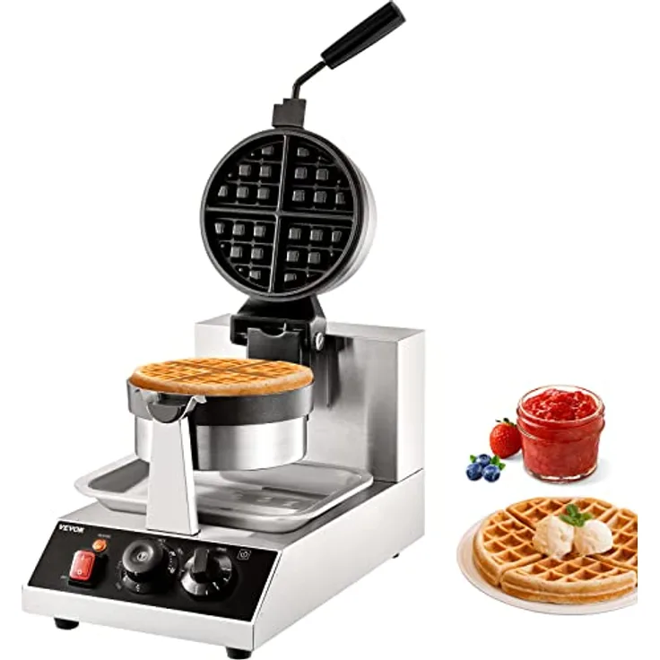 VEVOR Rundes Waffeleisen Waffel 1300 W, Kontaktgrill Belgische Waffeleisen 4 Stk. Edelstahl Waffeln Automat inkl. Lebensmittelclip & Bürsten & Verbrühungssicherer Griff, für Cafés, Restaurant usw.