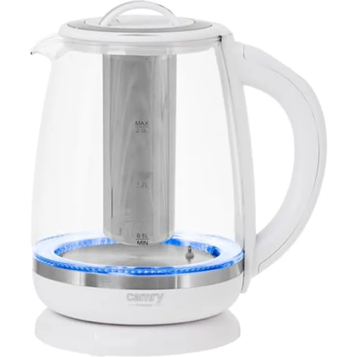 Camry CR 1290, Wasserkocher 2 L mit Teesieb, 2200 W, Temperaturvorwahl 60–100 °C, Glasgehäuse in Weiß