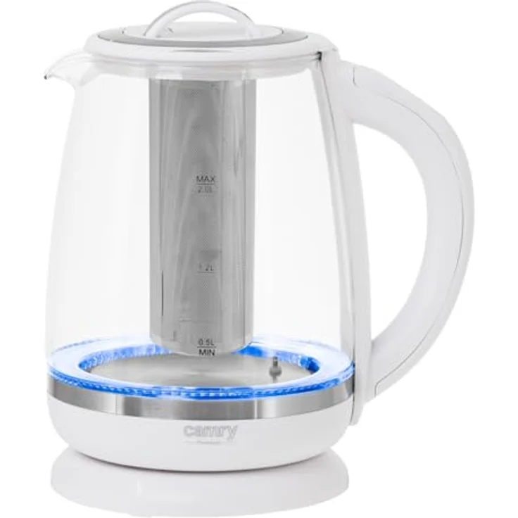 Camry CR 1290, Wasserkocher 2 L mit Teesieb, 2200 W, Temperaturvorwahl 60–100 °C, Glasgehäuse in Weiß – Bild 1