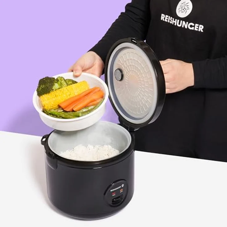 Reishunger Reiskocher & Dampfgarer mit Keramikbeschichtung Starterset (10-teilig), Schwarz - inkl. Dämpfeinsatz, Löffel, Messbecher, 8-teiligem Reisset & Edelstahl Reiswaschschüssel, 1.2l Fassungsvermögen, 500W, GS zertifiziert – Bild 4
