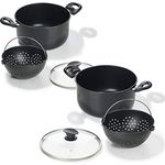 Genius World´s Greatest Pot (6 Teile) Kochtopf-Set mit Siebeinsatz Ø 20 + Ø 25 cm - Topf drehen, Flüssigkeit abgießen und Speisen bleiben im Sieb - Schwarz