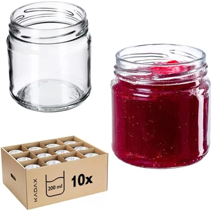 KADAX 10er Set Einmachgläser 200ml TO66, luftdicht und spülmaschinenfest, mit bunten Deckeln für Marmelade und Honig – Bild 1