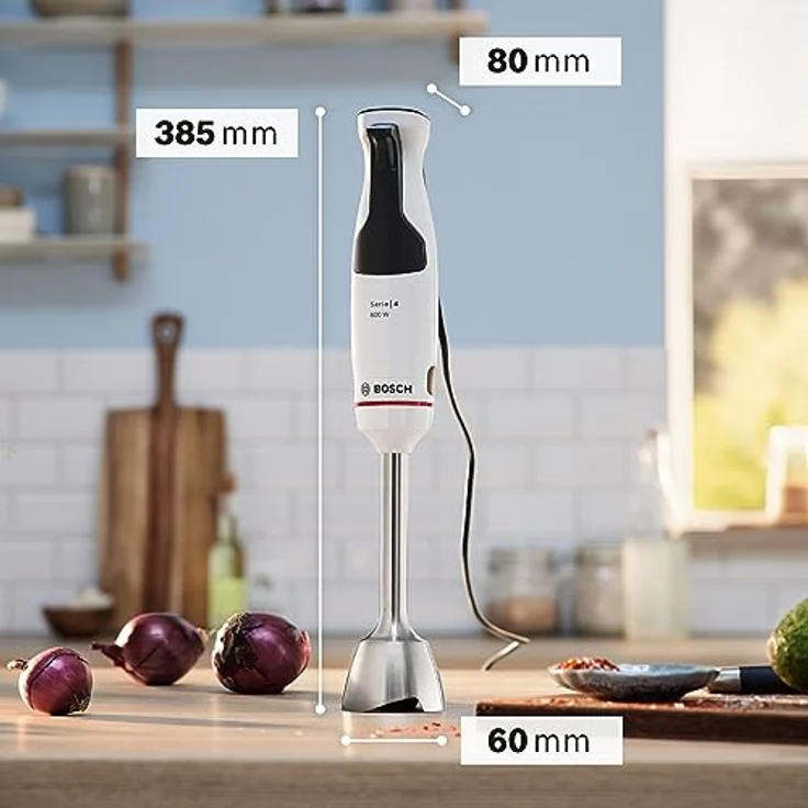 Bosch Stabmixer ErgoMaster Serie 4 MSM4W210, einhändig bedienbar, Edelstahl-Klingen, verschleißfreie Keramik-Kupplung, Mixbecher, QuattroBlade, AntiSplash Funktion, Einschaltsperre, 600 W, weiß – Bild 2