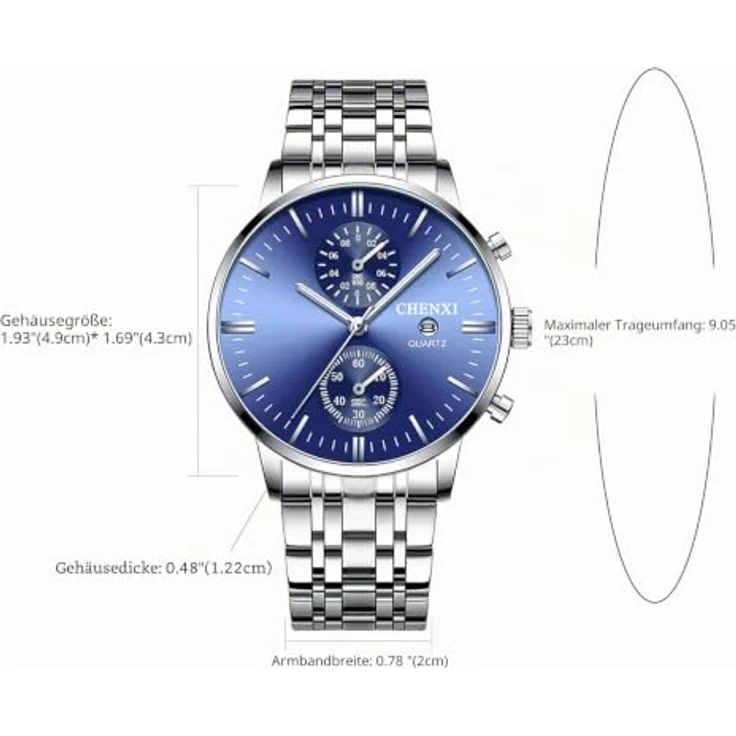 JewelryWe Herren Armbanduhr Edelstahl Quarz Analog Quarzuhr mit Kalender, 3ATM wasserdicht, Silber Blau – Bild 5