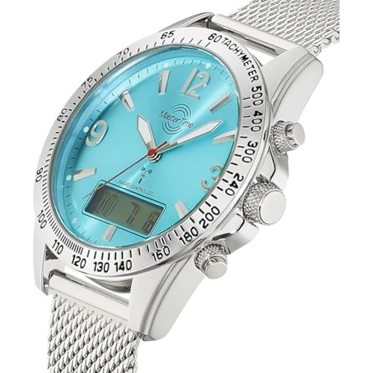Master Time MTGA-10963-32M, Funk Quarz Herren Uhr Analog-Digital mit silberfarbenem Edelstahl-Milanaisearmband und türkisfarbenem Zifferblatt, Big Date Funktion, 5 Bar wasserdicht – Bild 2