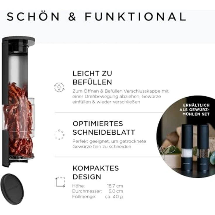 LARS NYSØM Chilimühle mit Edelstahl Schneideblatt von Grob bis Fein I Design Gewürzmühle (Onyx Black) – Bild 4