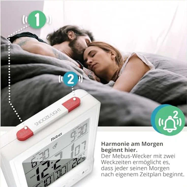 Mebus Digitaler Funk-Wecker mit Thermometer, Datumsanzeige, zwei Weckzeiten, Weckwiederholung, automatische Sommer- und Winterzeitanpassung, Hintergrundbeleuchtung, Weiß – Bild 3