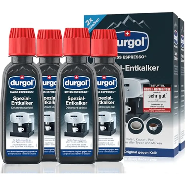 Durgol swiss espresso Spezial-Entkalker für Kaffeemaschinen, 4x125ml, effektive Kalkentfernung ohne Rückstände, für alle Modelle geeignet, schnelle Anwendung