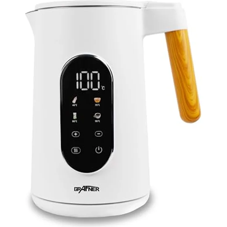 Grafner Edelstahl Wasserkocher 1,7L mit Temperatureinstellung 40°C-100°C, Warmhaltefunktion, Memoryfunktion, LCD-Display, Doppelwand, 2200 Watt, digital (Weiß)