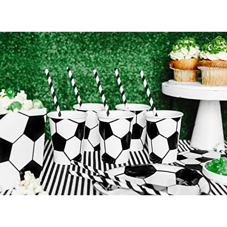 PartyDeco Pappbecher Einweg 6er Set, 220ml, Fußballmuster, schwarz-weiß, kompostierbar, für Kindergeburtstag und Sportpartys – Bild 3