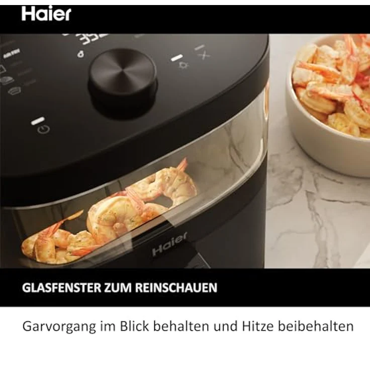 Haier Heißluftfritteuse mit Glasfenster I Airfryer mit 9 Programmen & 7 Liter Fassungsvermögen I 1700W Fryer mit LED Display I Fritteuse Heißluft ohne Fett I spülmaschinenfest [Serie 5 - HAF5TWA] – Bild 5