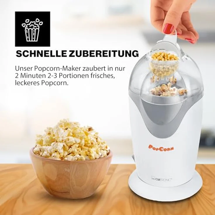 Clatronic PM 3635 Popcornautomat, kalorienbewusste Popcornherstellung durch Heißluft, schnelle Zubereitung, weiß – Bild 2