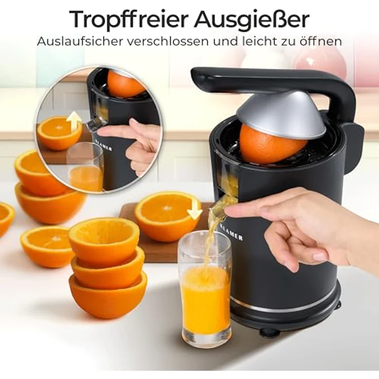 KLAMER Elektrische Saftpresse mit zwei Presskegeln, Zitruspresse für Orangen, Zitronen, Limetten & Grapefruit, BPA frei, spülmaschinengeeignet, hohe Saftausbeute – Bild 5
