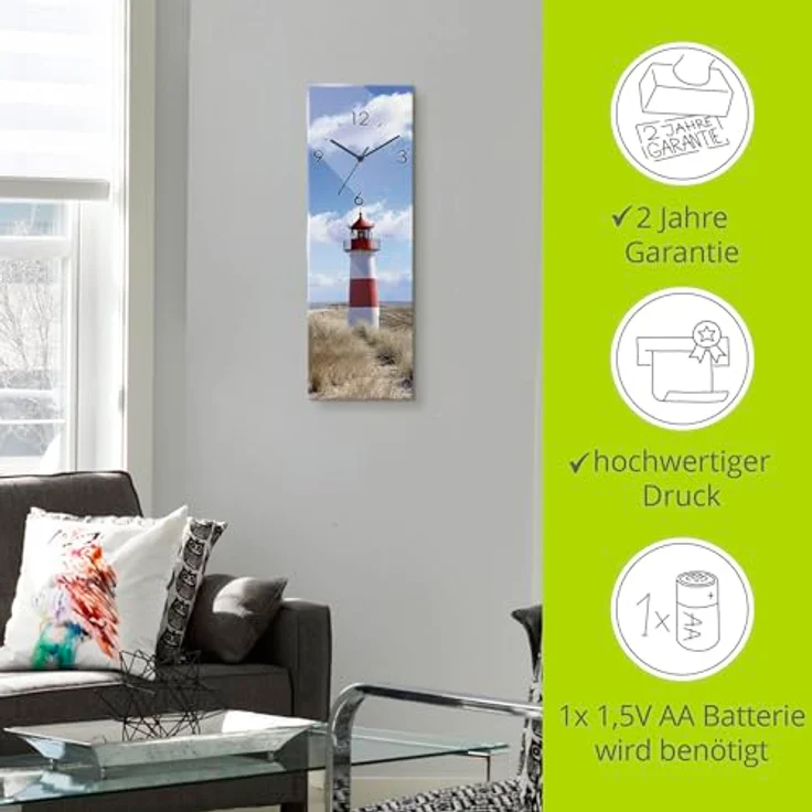 ARTLAND Wanduhr ohne Tickgeräusche Glas Quarzuhr 20x60 cm Rechteckig Lautlos Strand Meer Leuchtturm Urlaub Sylt Maritim T9ML – Bild 3