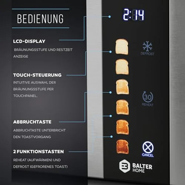 Balter TS-34, Langschlitz-Toaster für 4 Scheiben aus Edelstahl, Touch Bedienung, Brötchenaufsatz, LCD Display, Auftaufunktion, Brotzentrierung – Bild 5