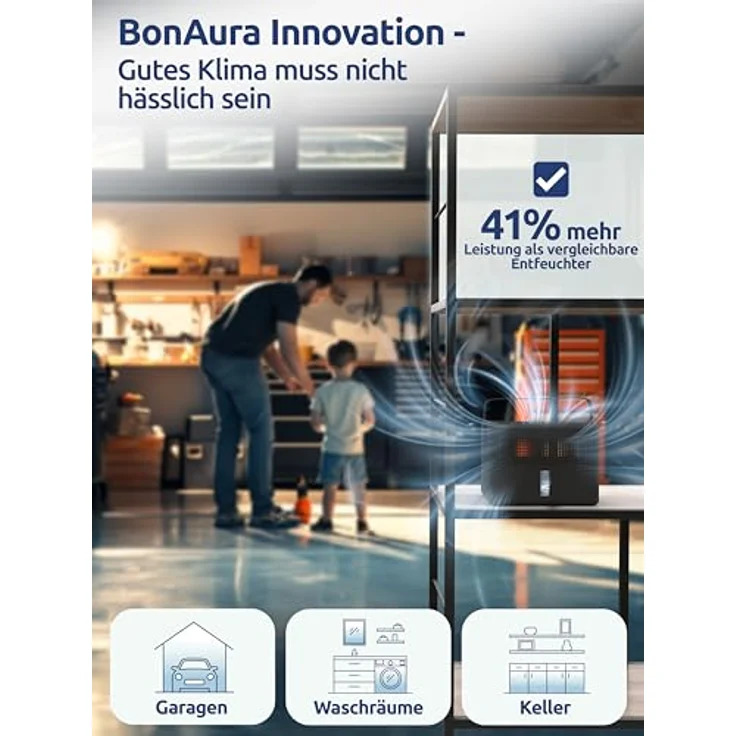 BonAura® AirOne Max, Luftentfeuchter ohne Strom für Räume bis 33m², 360° Belüftung, integrierter Ausgießer, 980g Granulat, Schimmel- und Geruchsschutz – Bild 5
