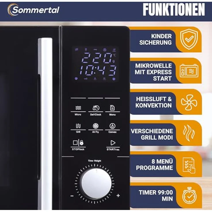 Sommertal 4-in-1 Mikrowelle, 25 L, 850 W, Heißluft, Grill, Kindersicherung, Express-Start, Edelstahl, inklusive Crisp-Pfanne und Rost – Bild 3