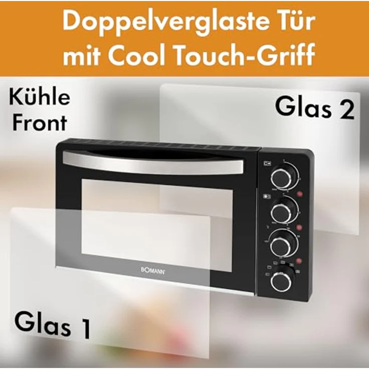 Bomann® Mini-Backofen mit Kochplatten und Drehspieß | gleichzeitig kochen u. backen | Minibackofen 28L Umluft Ober-/Unterhitze 100°-230°C | Elektrischer Mini Ofen 3100 Watt inkl. Zubehör | KK 6059 CB – Bild 4