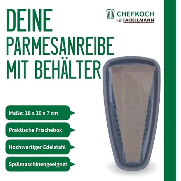 Chefkoch trifft Fackelmann Käsereibe, Parmesanreibe mit Behälter, Edelstahl und PP, 2in1 Funktion, spülmaschinengeeignet, dunkelgrau – Bild 2
